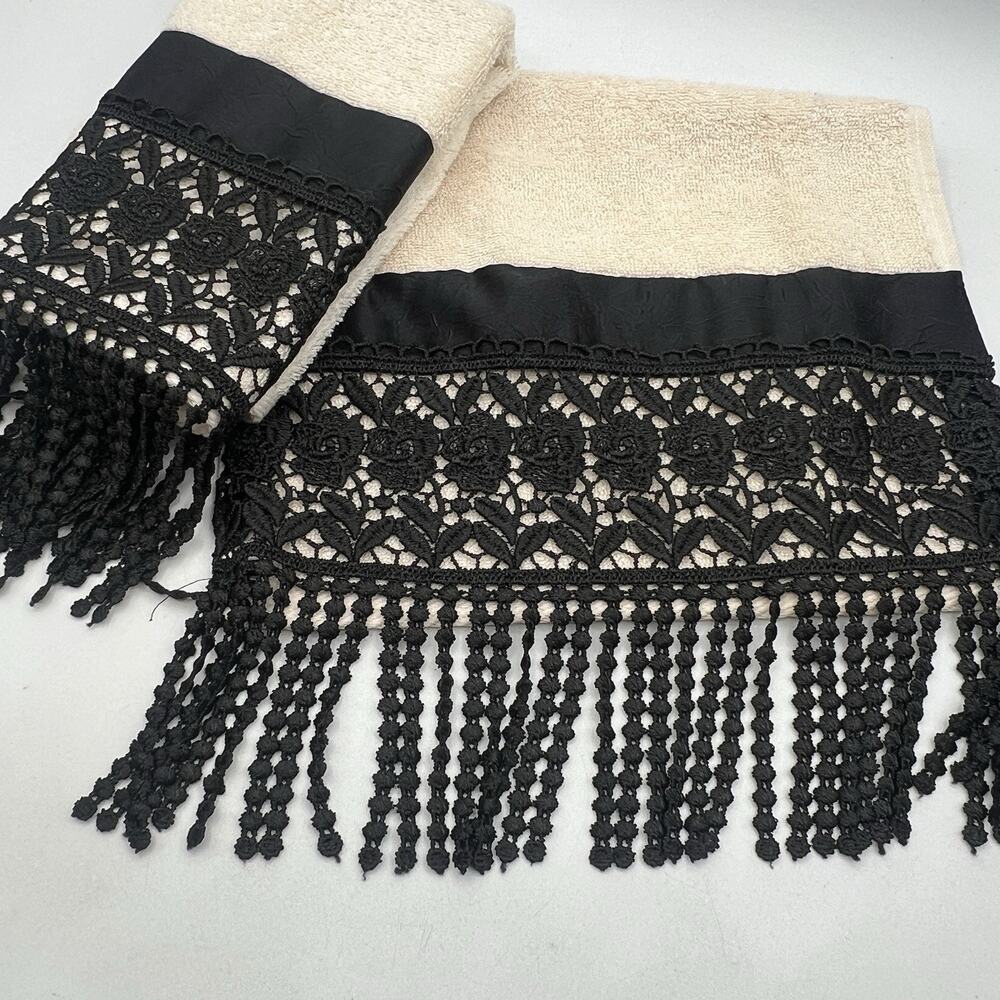 Set 3 Croscill Bathroom Hand Towels Ivory Black Crochet Lace Fringe Glam 18"
